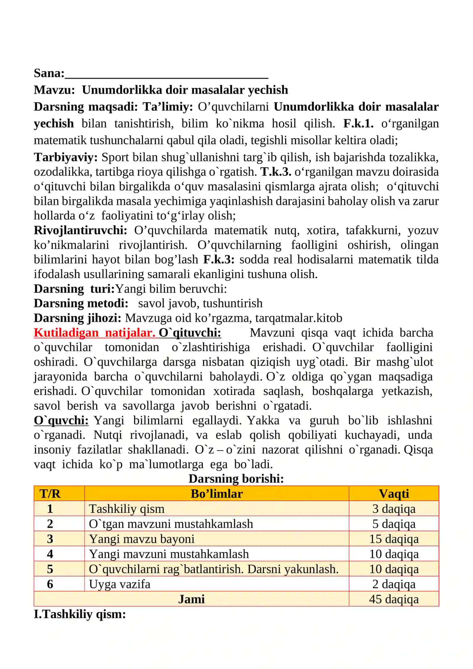 Unumdorlikka doir masalalar yechish mavzusida 3-sinf Matematika fanidan dars ishlanmasi 2