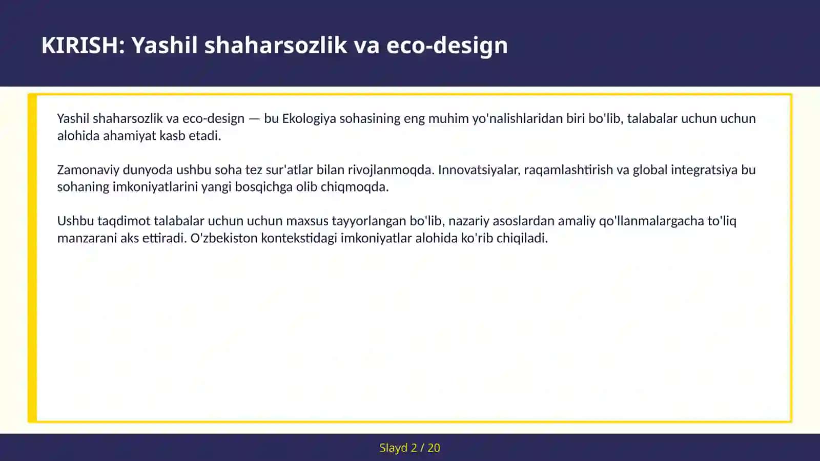 YASHIL SHAHARSOZLIK VA ECO-DESIGN 2