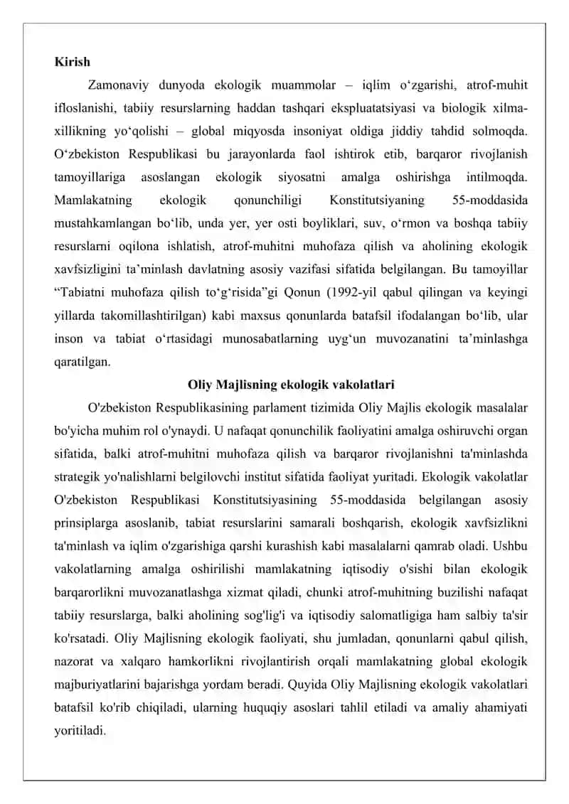 Oliy Majlisning ekologik vakolatlari 2