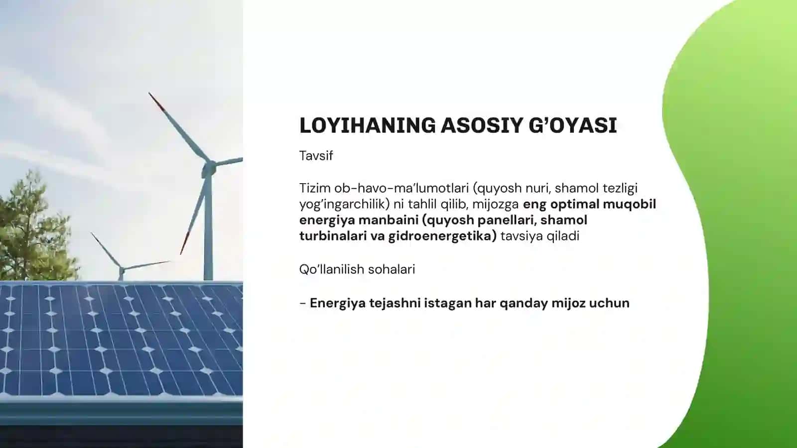 Qayta tiklanuvchi energiya manbalarining samaradorligi mavzusida taqdimot 2