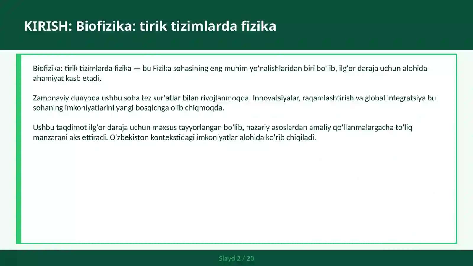 BIOFIZIKA: TIRIK TIZIMLARDA FIZIKA 2