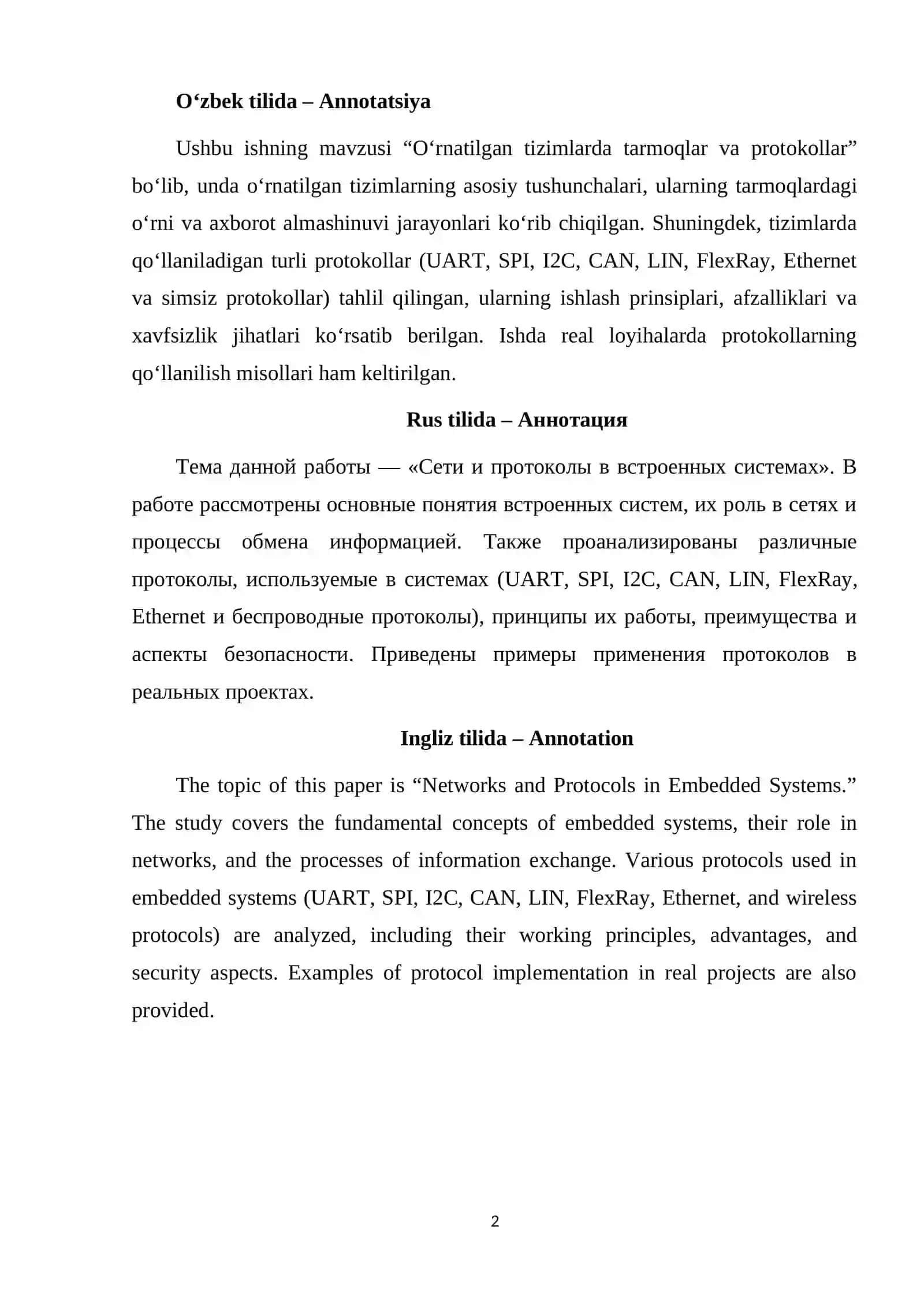 O‘rnatilgan tizimlarda tarmoqlar va protokollar 2