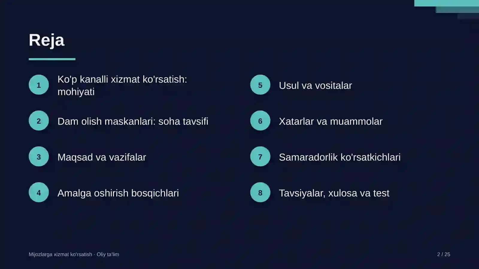 Mijozlarga xizmat ko'rsatish · Oliy ta'lim 2