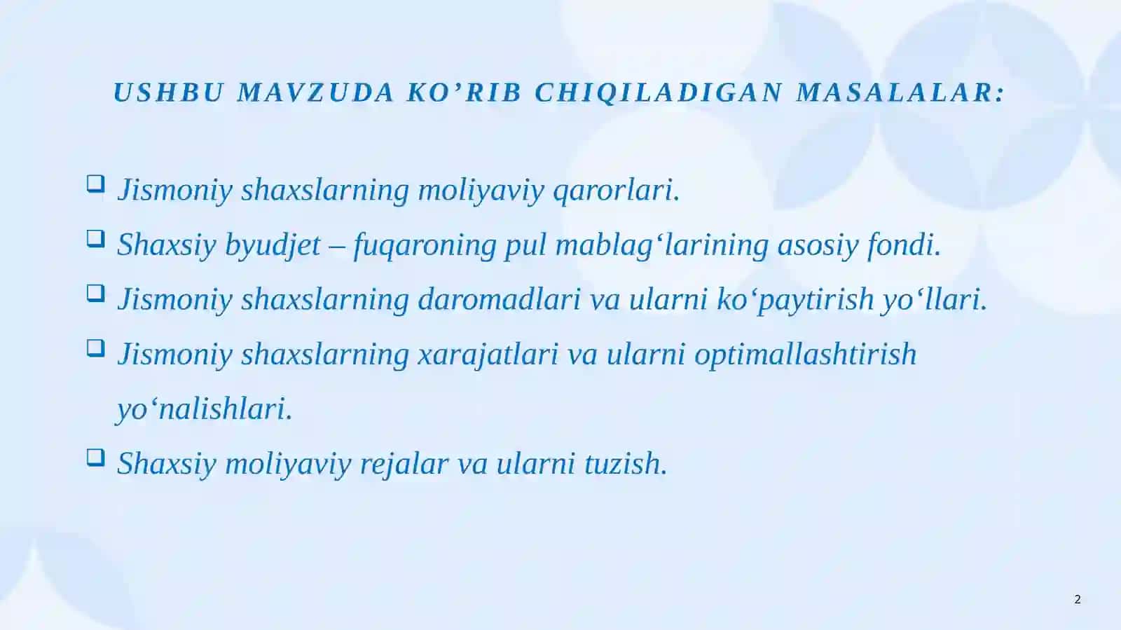 Shaxsiy rejalaştirish va byudjetlashtirish asoslari 2