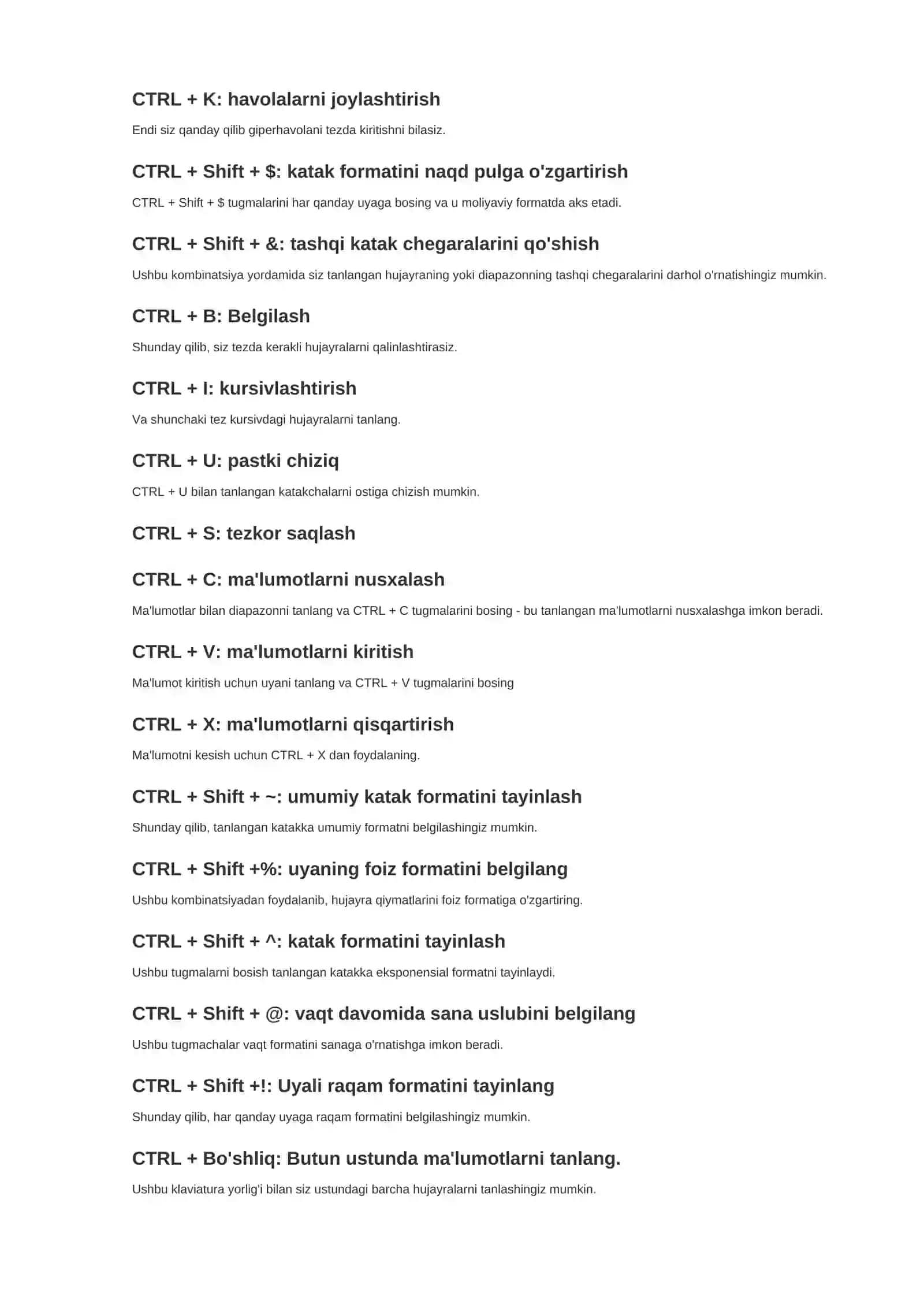 Excel tezkor tugmalari 2