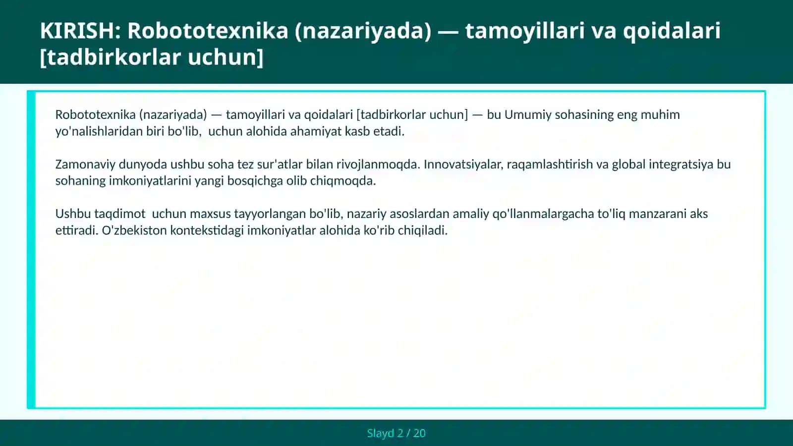 Robototexnika (NAZARIYADA) — TAMOYILLARI VA QOIDALARI [TADBIRKORLAR UCHUN] 2