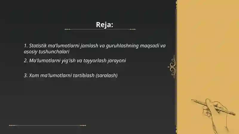 Statistik ma'lumotlarni jamlash va guruhlash 2