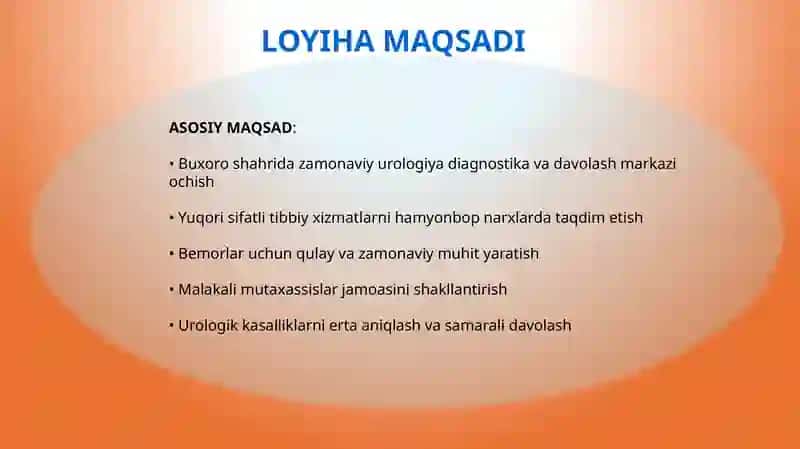 UROLOGIYA DIAGNOSTIKA  KLINIKASI
BIZNES LOYIHASI 2