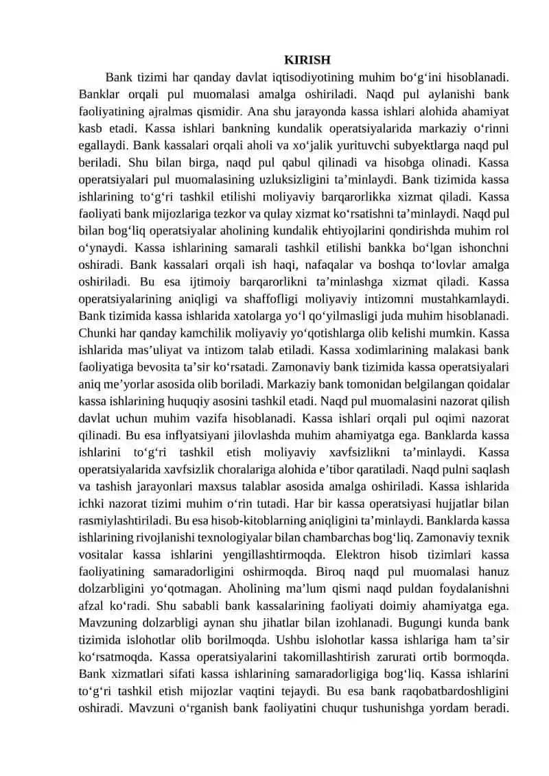 Banklarda kassa ishlarini tashkil etilishi. 2