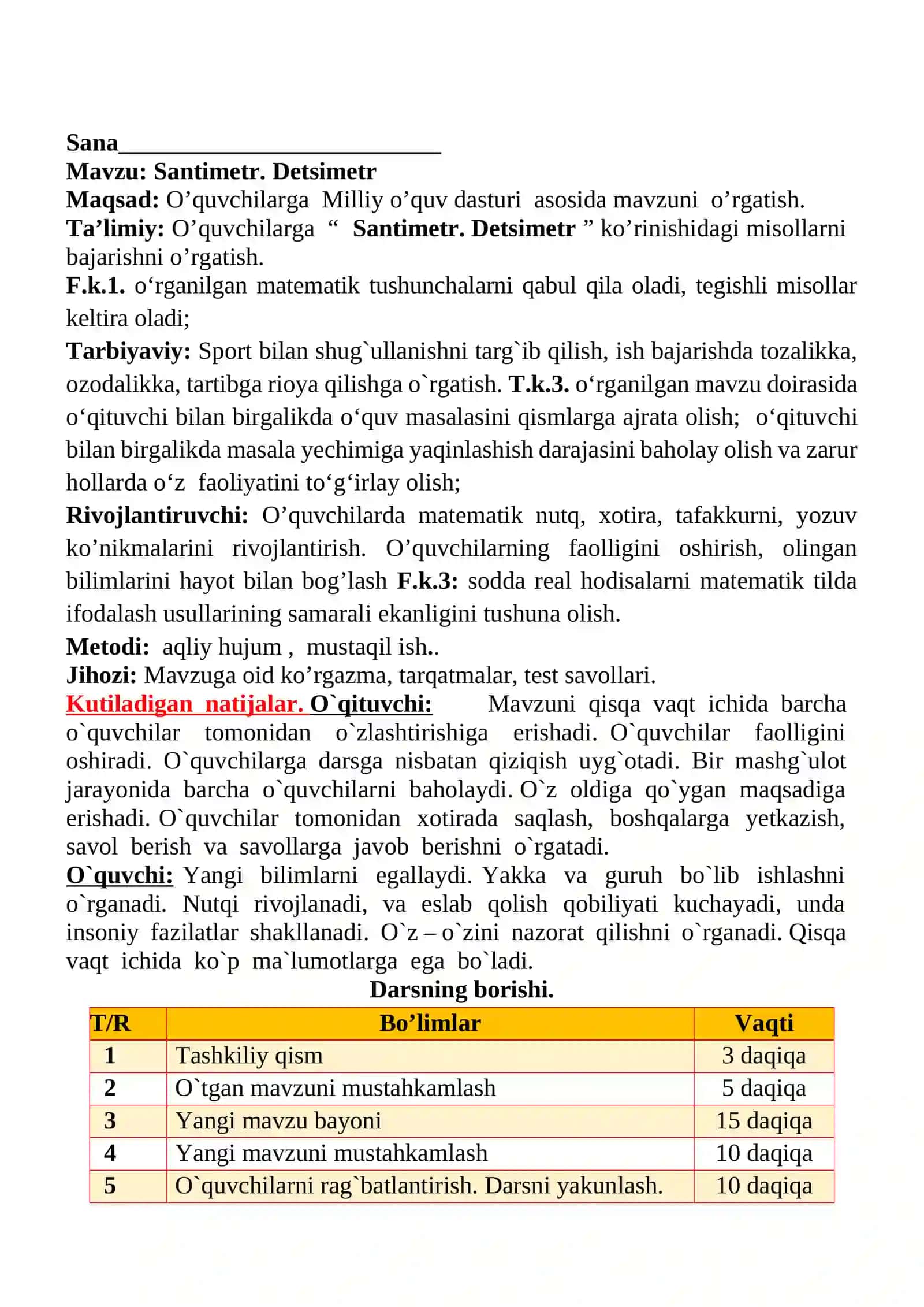 Santimetr. Detsimetr 1-sinflar uchun Matematika fanidan dars ishlanmasi 2