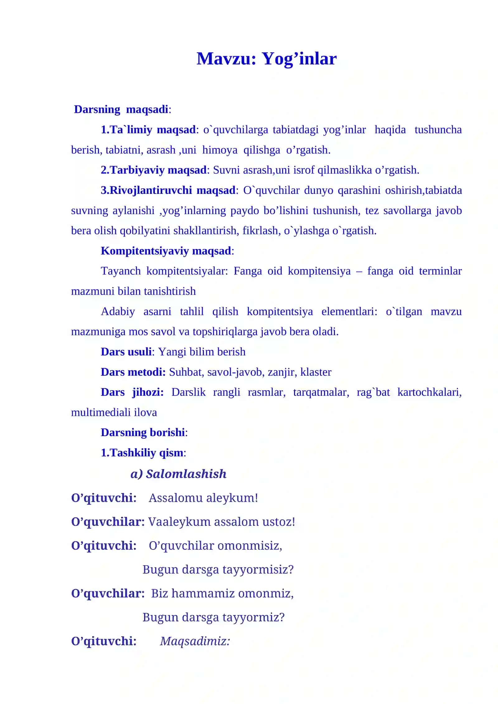 3-sinf Tabiiy Fan (Science) Yog'inlar mavzusida dars ishlanma 2