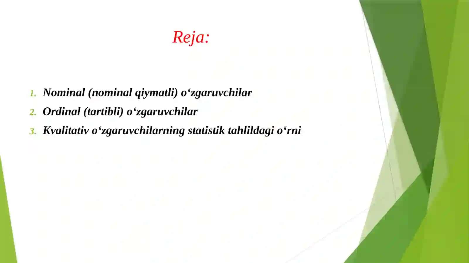 KVALITATIV O'ZGARUVCHILAR (MISOLLAR:JINS, RANG, KATEGORIYA) 2