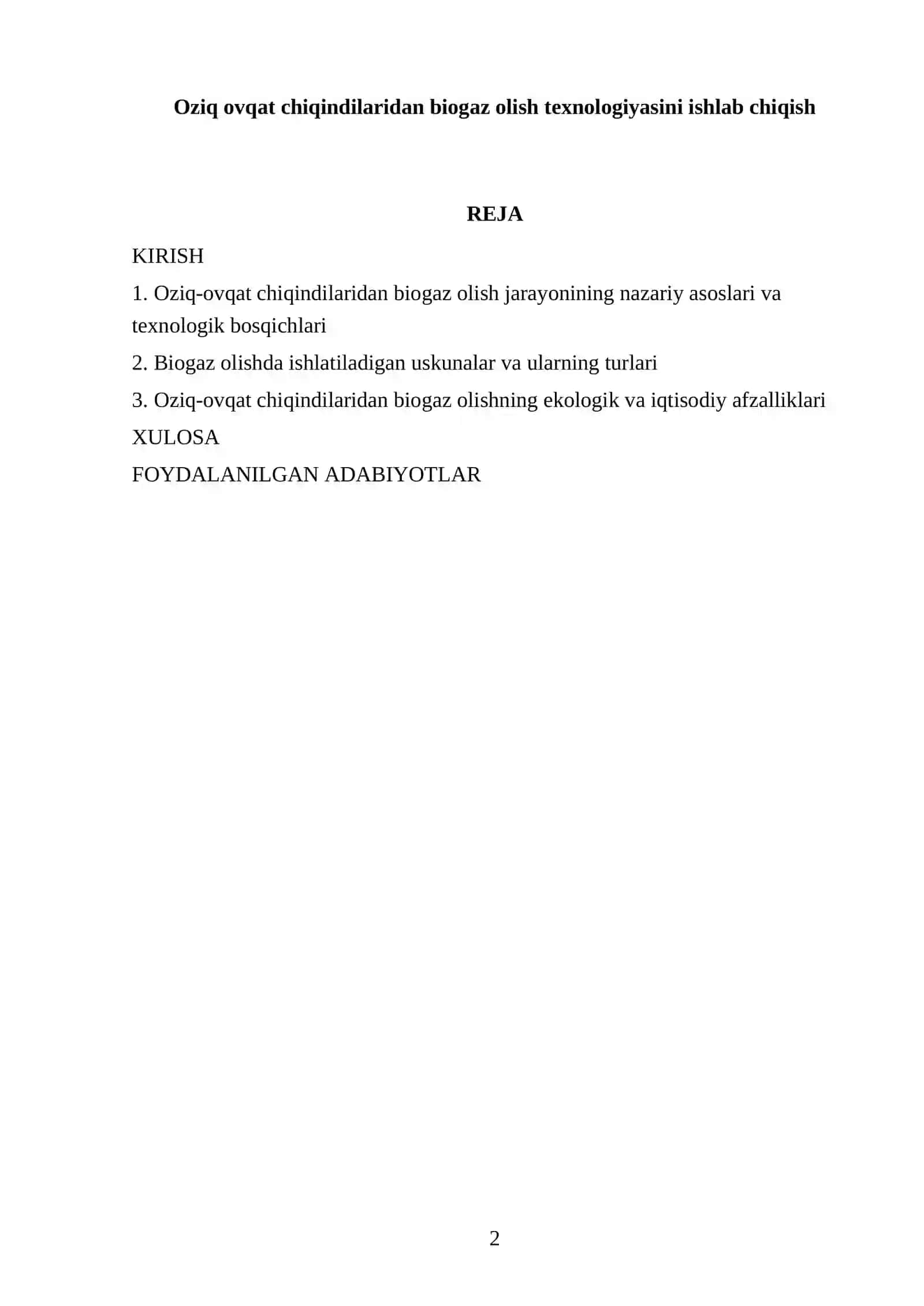 Oziq ovqat chiqindilaridan biogaz olish texnologiyasini ishlab chiqish 2