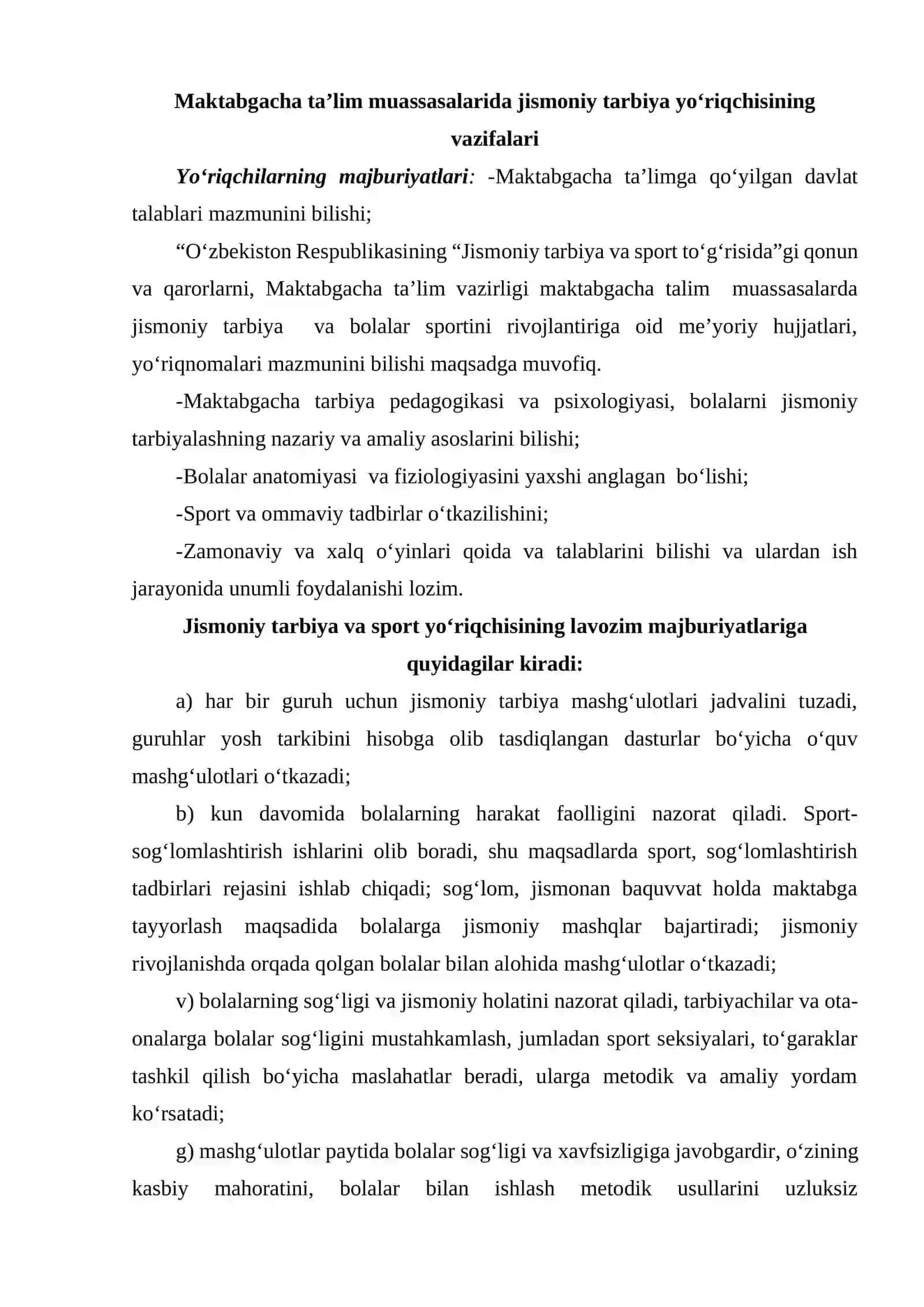 Maktabgacha ta’lim muassasalarida jismoniy tarbiya yo‘riqchisining vazifalari 2