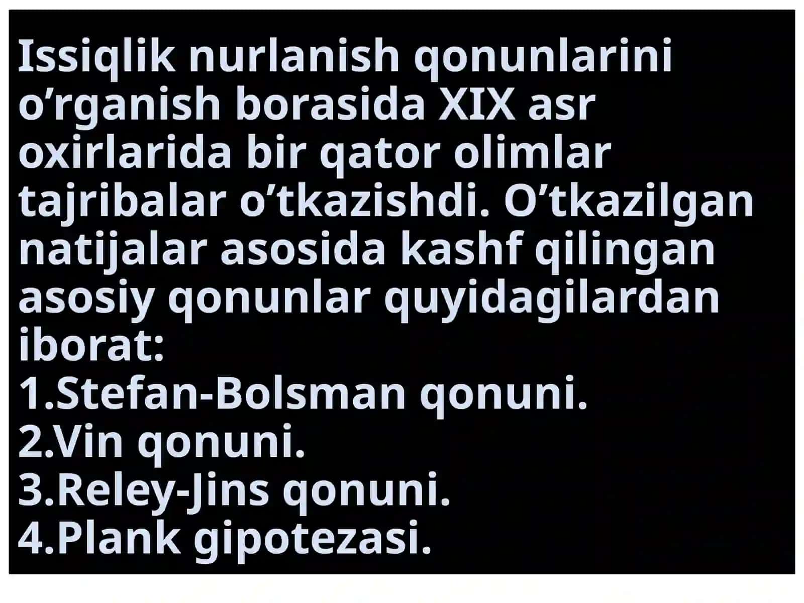Issiqlik nurlanish qonunlari va ular uchun Plank formulasi 2