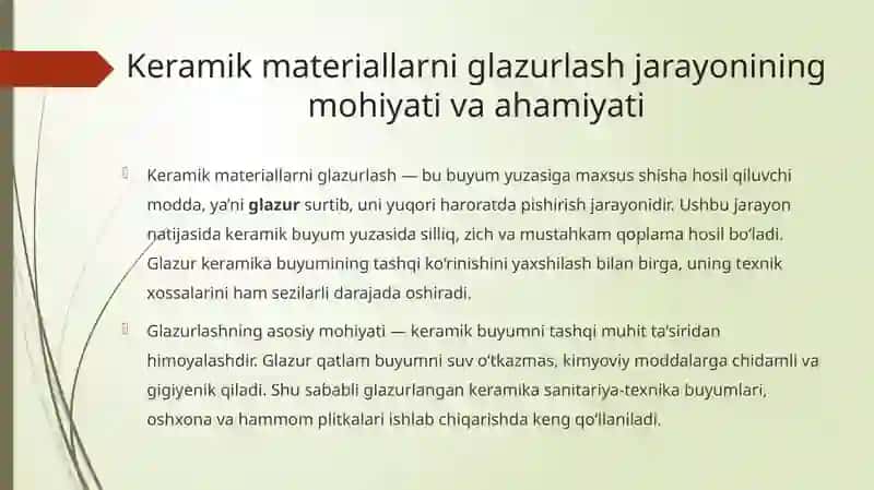 Keramik materiallarni glazurlash. Glazurning turkumlari 2
