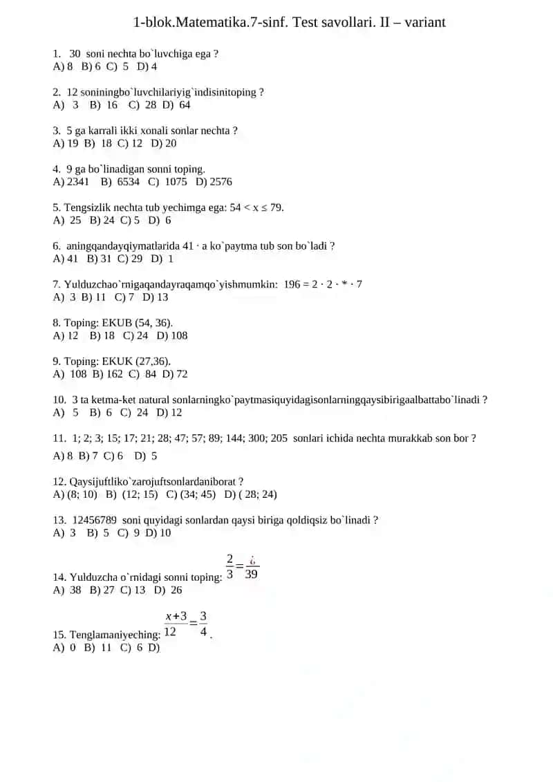 1-blok. 7-sinf ona tili va adabiyot fanidan test 1-variant 2