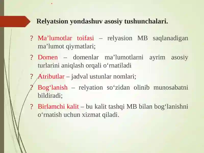 Relyatsion modelining asosiy tushunchalari 2