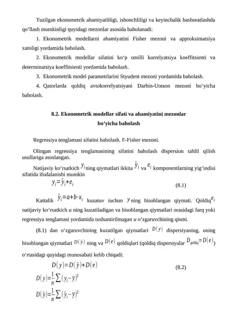 EKONOMETRIK MODELLARNI BAHOLASH 2