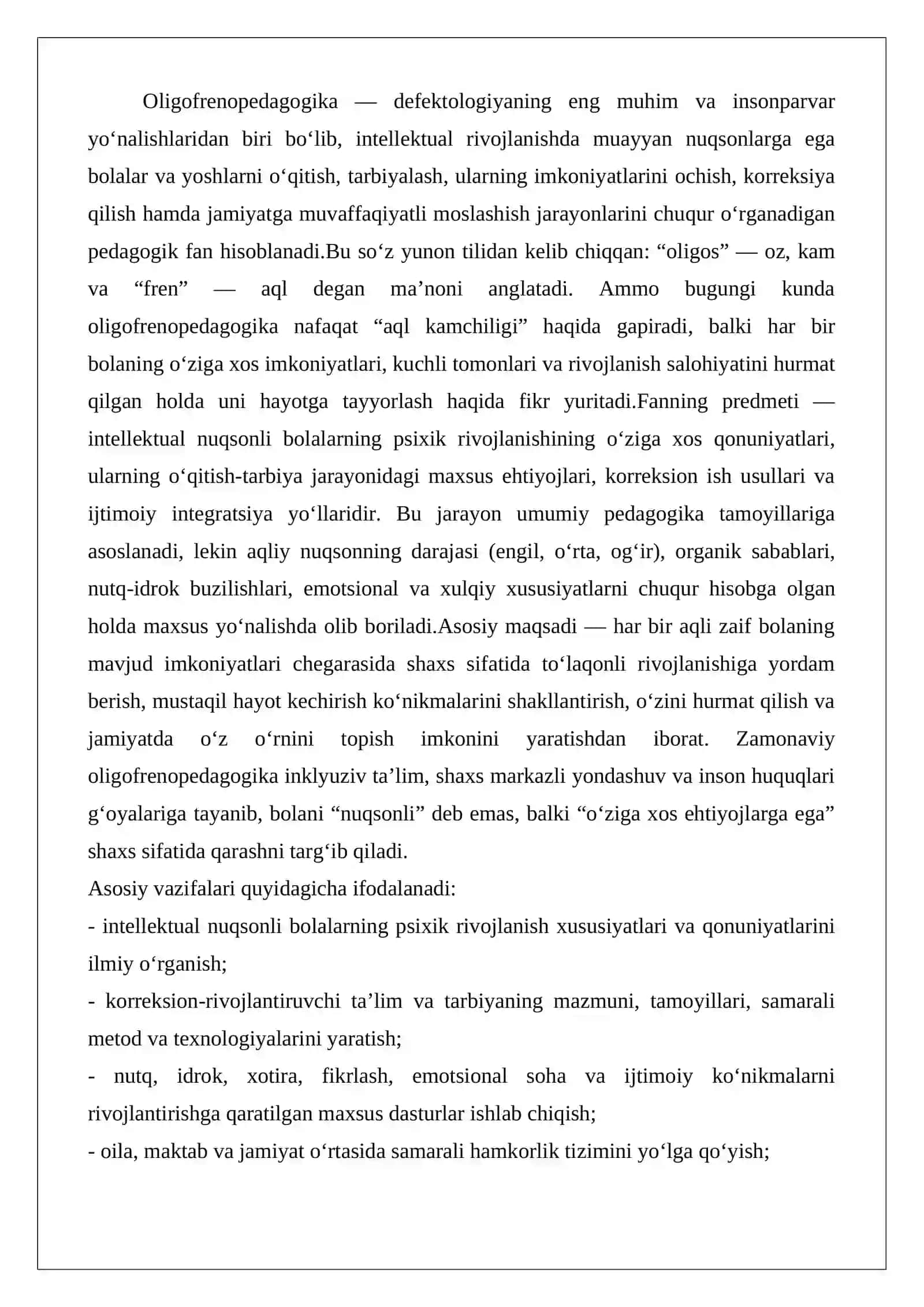 Oligofrenopedagogika predmeti, maqsadi va vazifalari 2