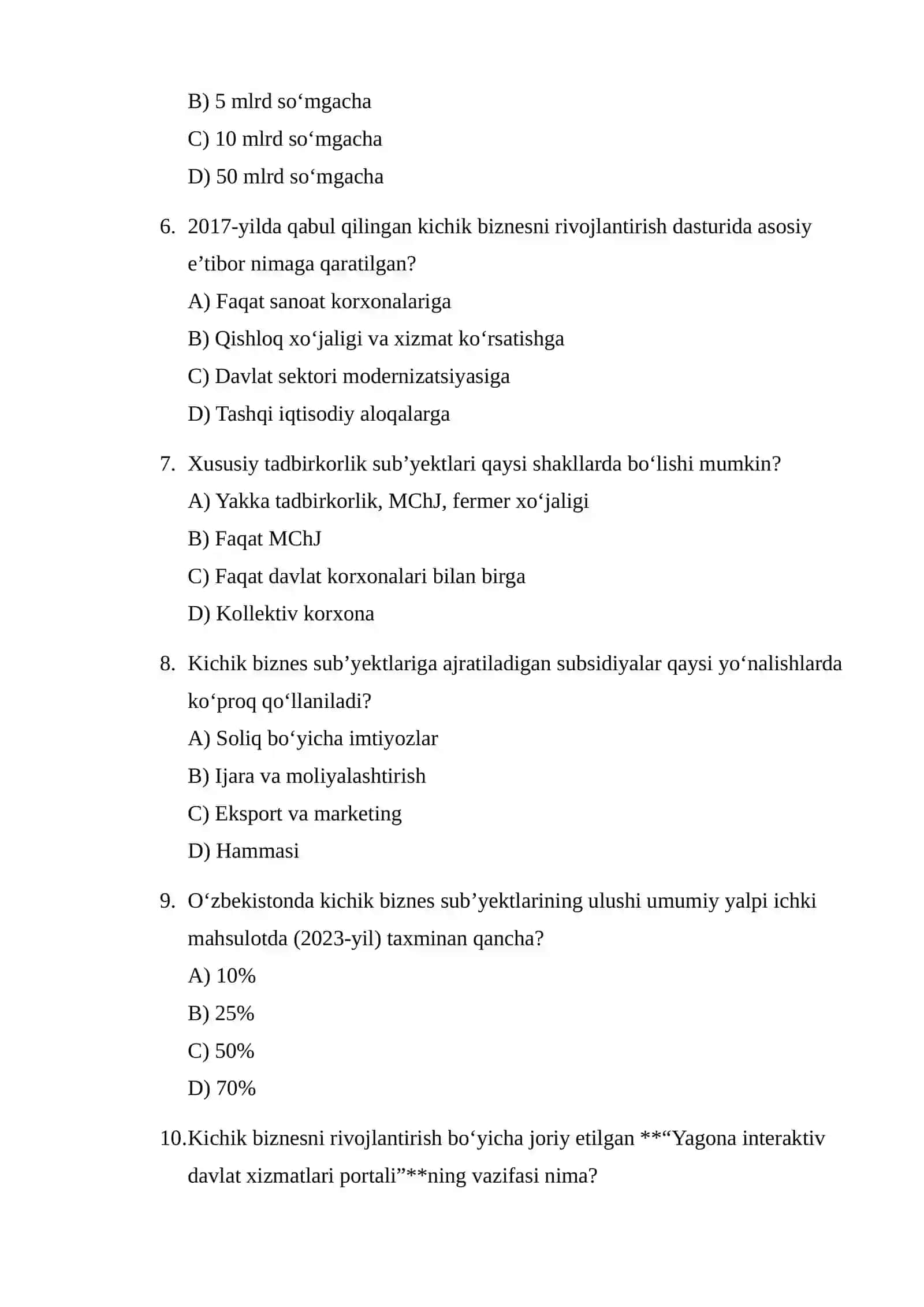 O‘zbekistonda kichik biznes va xususiy tadbirkorlikni rivojlantirish islohatlari va natijalari 2