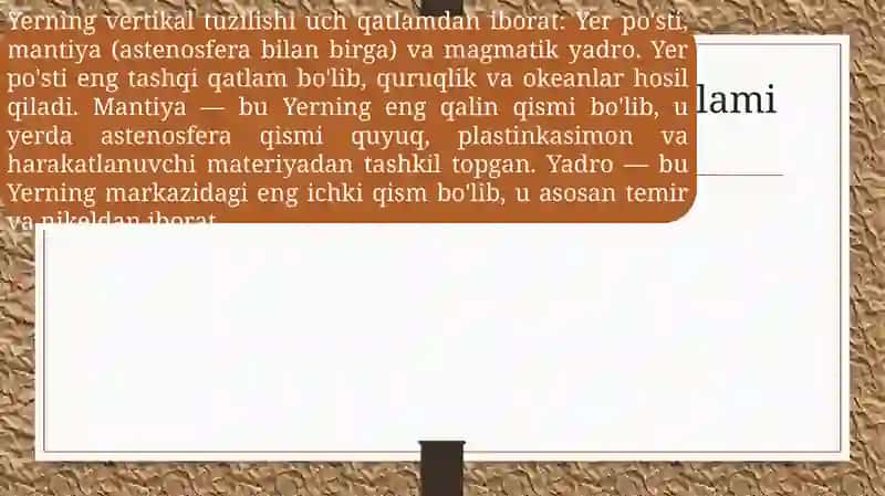 Yerning vertikal tuzilishi: Yerpo'sti, mantiya, yardova astenosfera 2