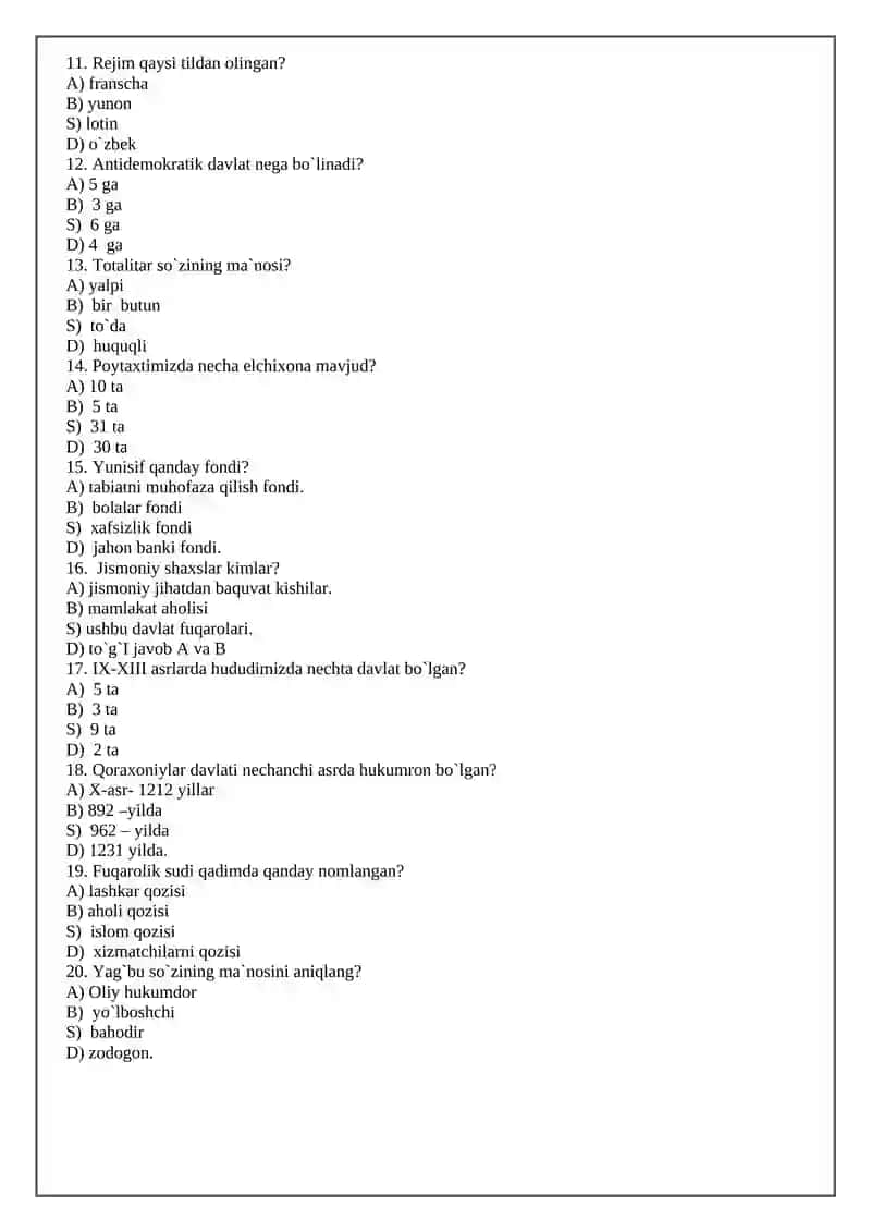 Huquq test savollari 2