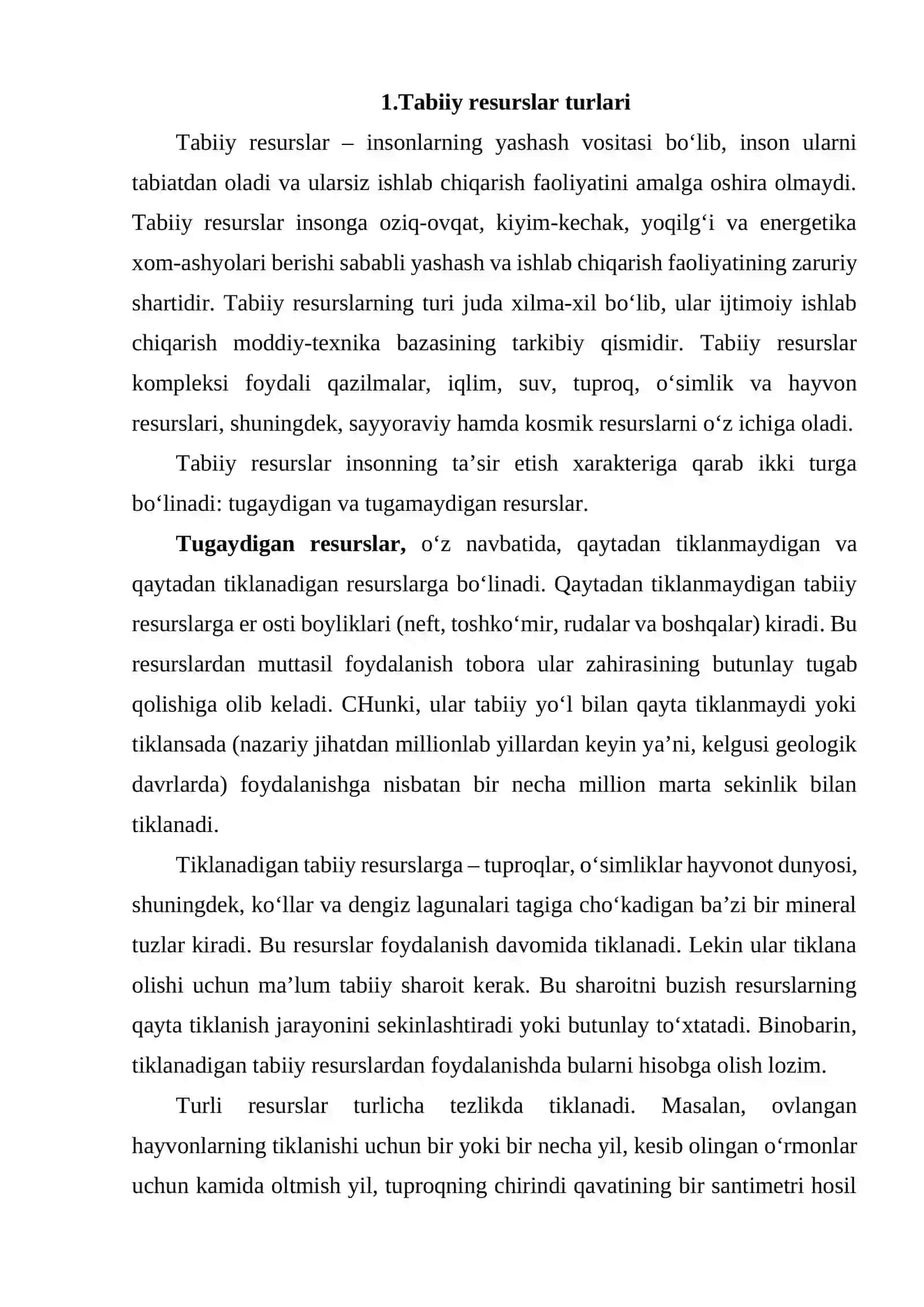TABIIY RESURSLAR VA ULARNI TASNIFLASH 2