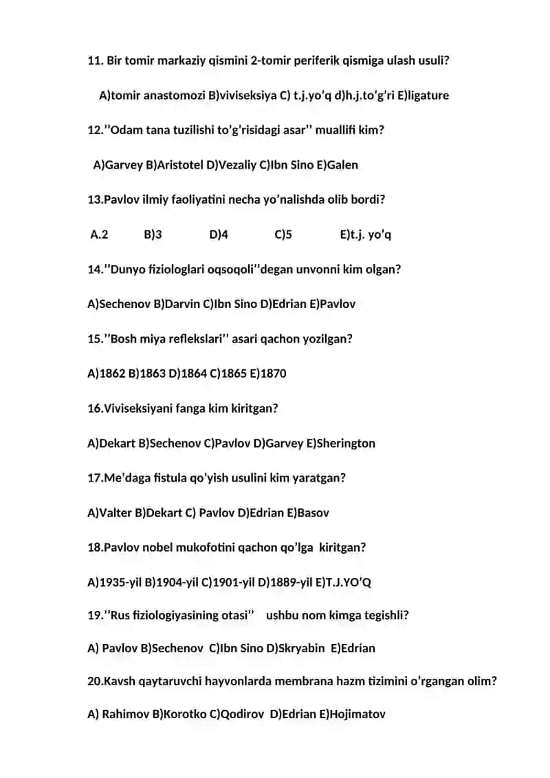 Fiziologiya fanidan 30ta test 2