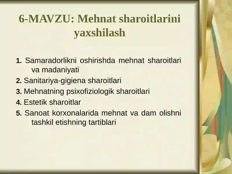 Mehnatsharoitlarini yaxshilash 2