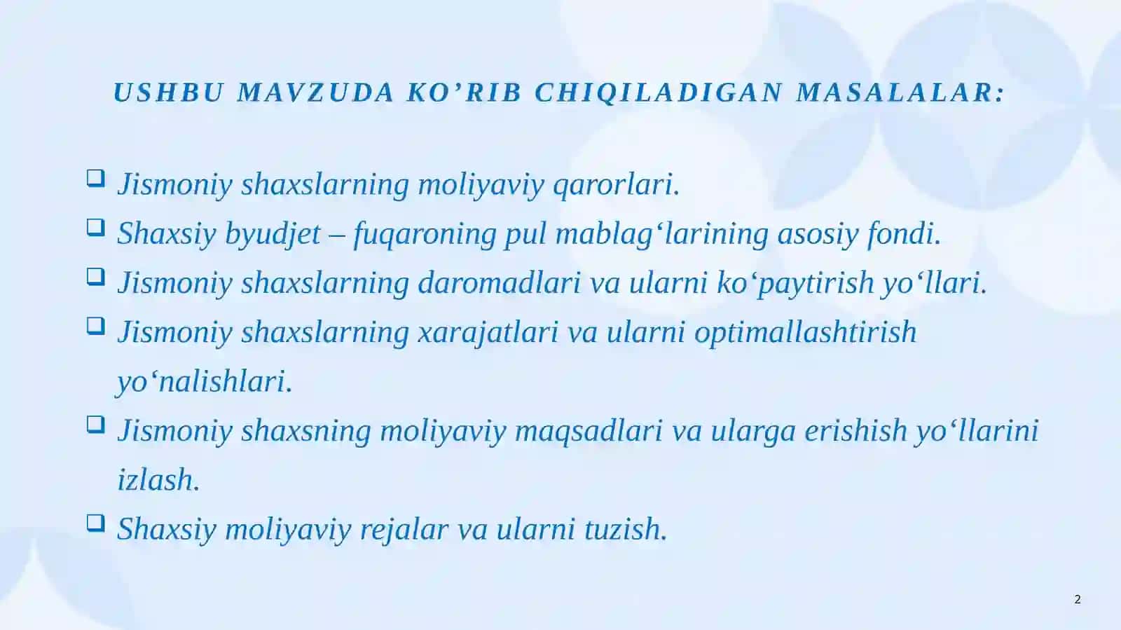 Shaxsiy rejalashtirish va byudjetlashtirish asoslari 2