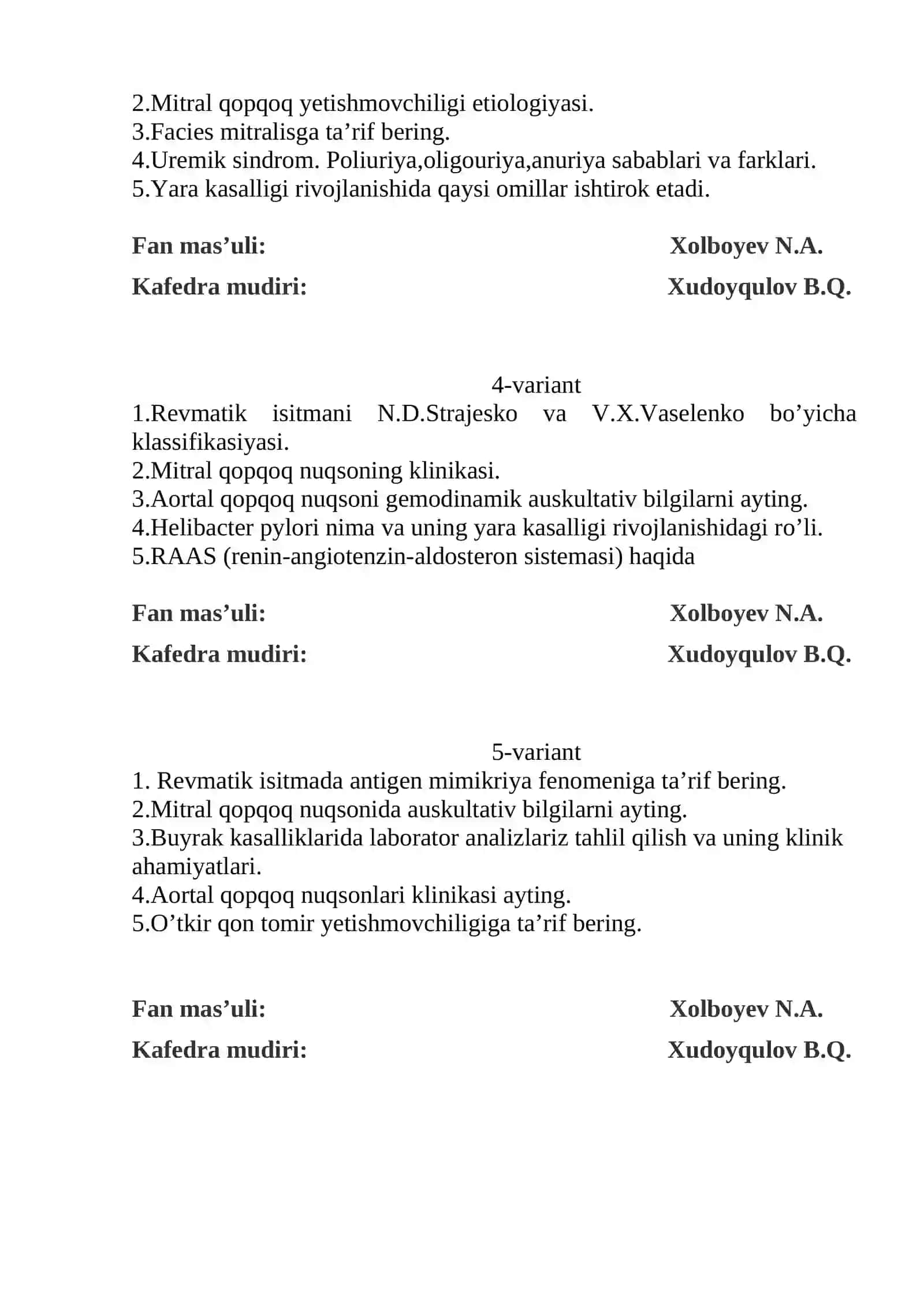 Ichki kasalliklari propedevtikasi fanidan oraliq nazorat savollari 2