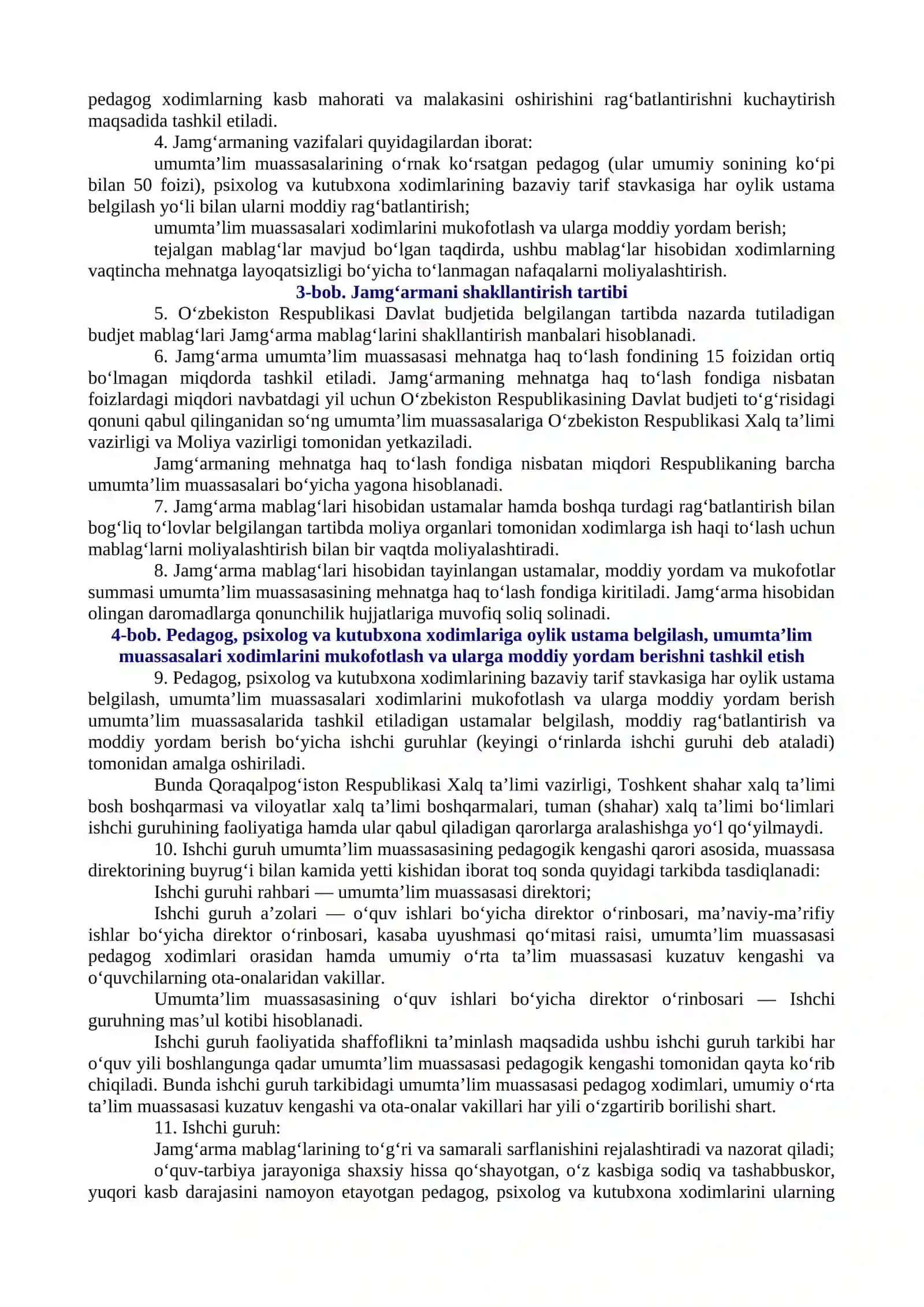 Umumiy o‘rta ta’lim muassasalarining o‘rnak ko‘rsatgan xodimlarini moddiy rag‘batlantirish tartibini takomillashtirish to‘g‘risida 2