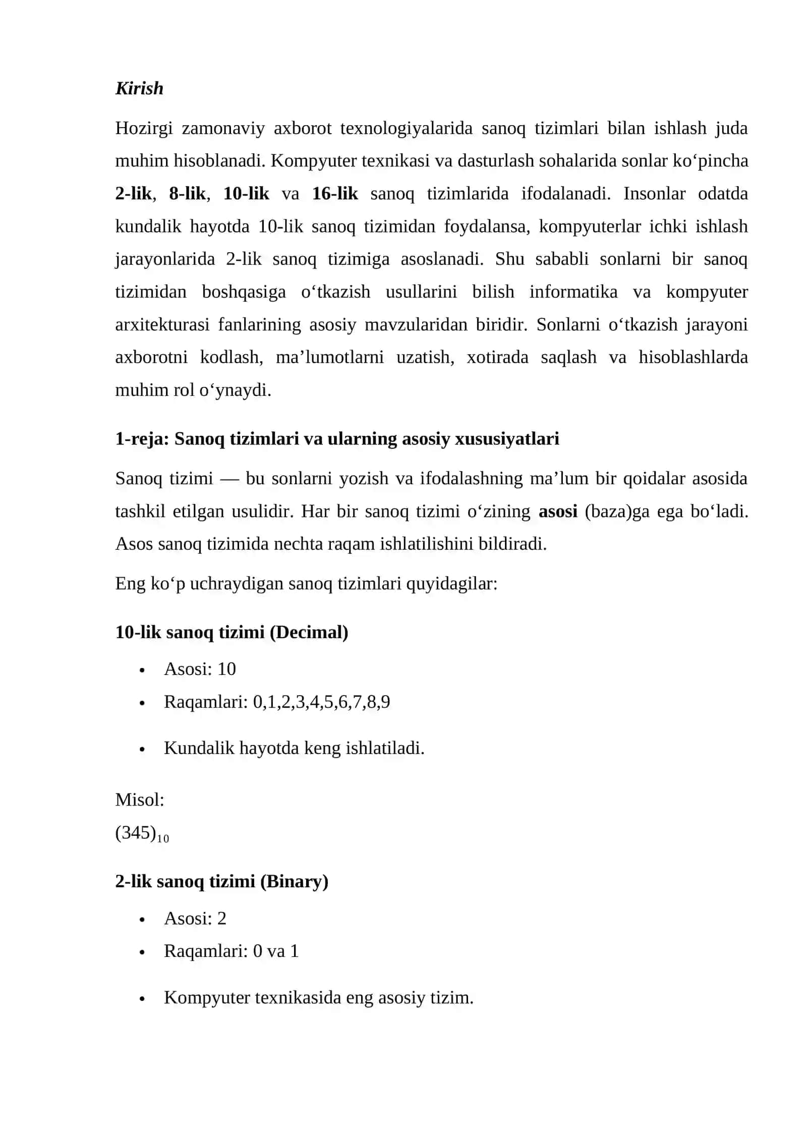 Sonlarni sanoq tizimlari orasida o‘tkazish 2