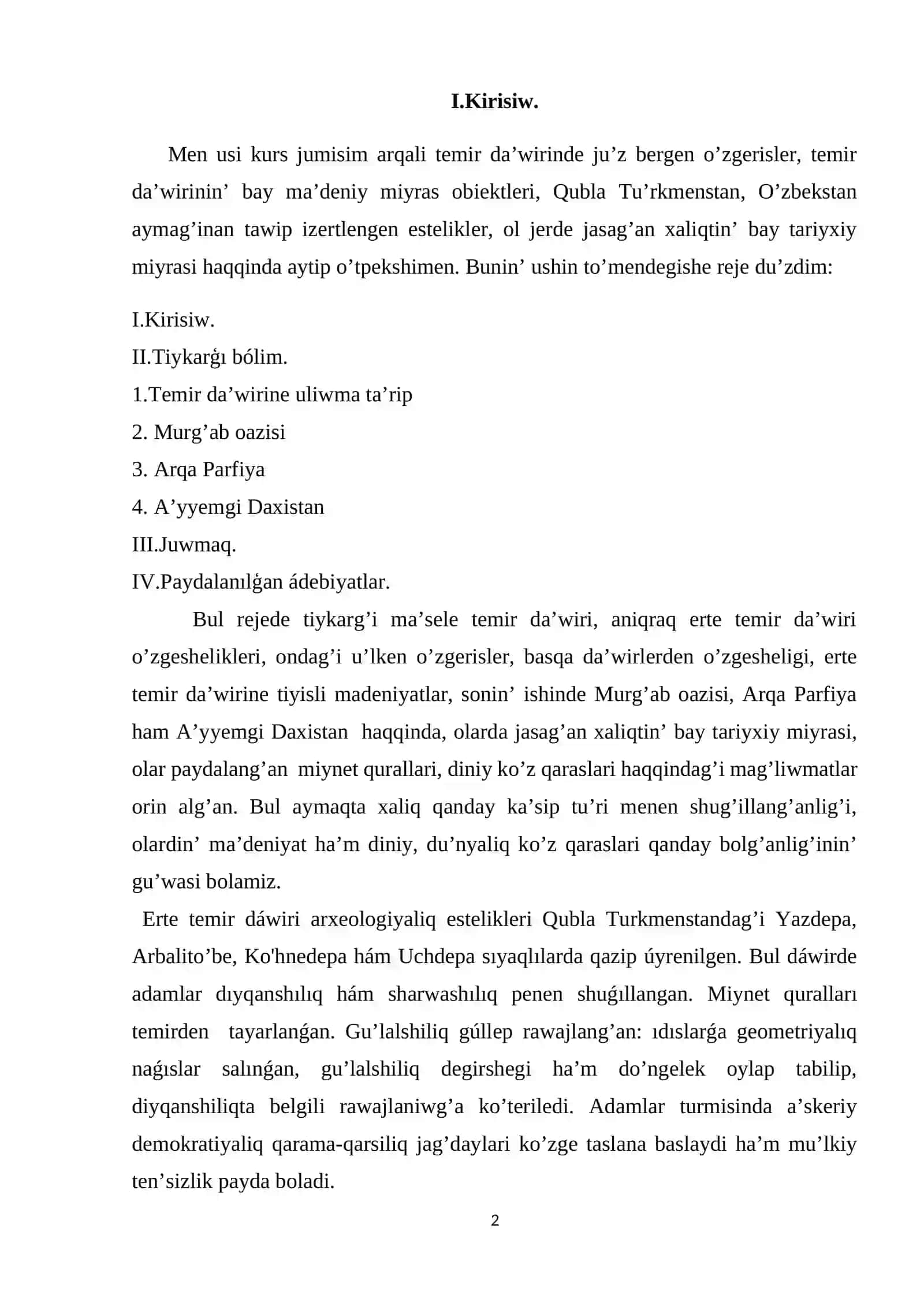 Qubla Tu’rkmenstannin’ erte temir da’wiri arxeologiyasi 2