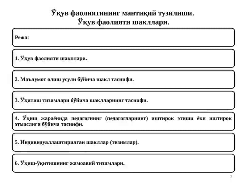 O’QUV FAOLIYATINING MANTIQIY TUZILISHI. O’QUV FAOLIYATI SHAKILLARI 2