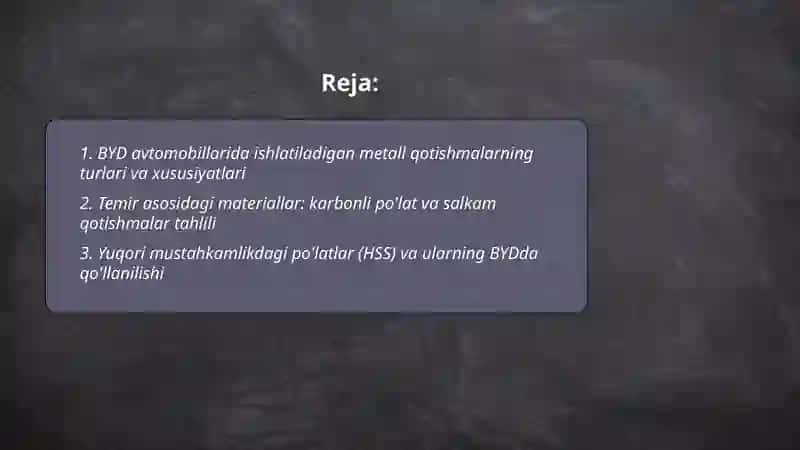 BYD avtomobillarida ishlatiladigan metall va polimer materiallarning tahlili 2