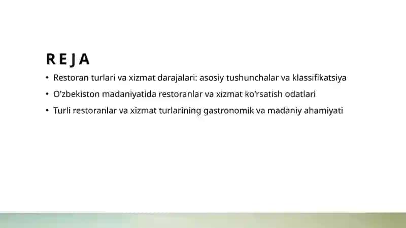 Restoranlarning turlari va xizmat kórsatish klasslari 2