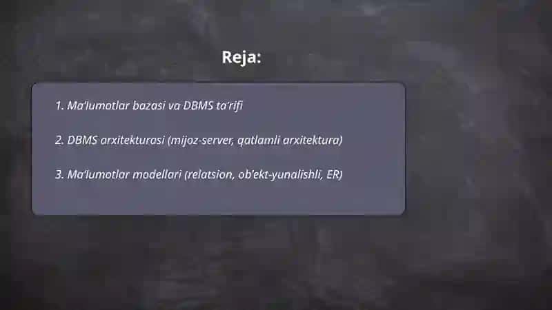 Maʼlumotlar bazasini boshqarish tizimlari Ibodullayeva Shahnoza 2