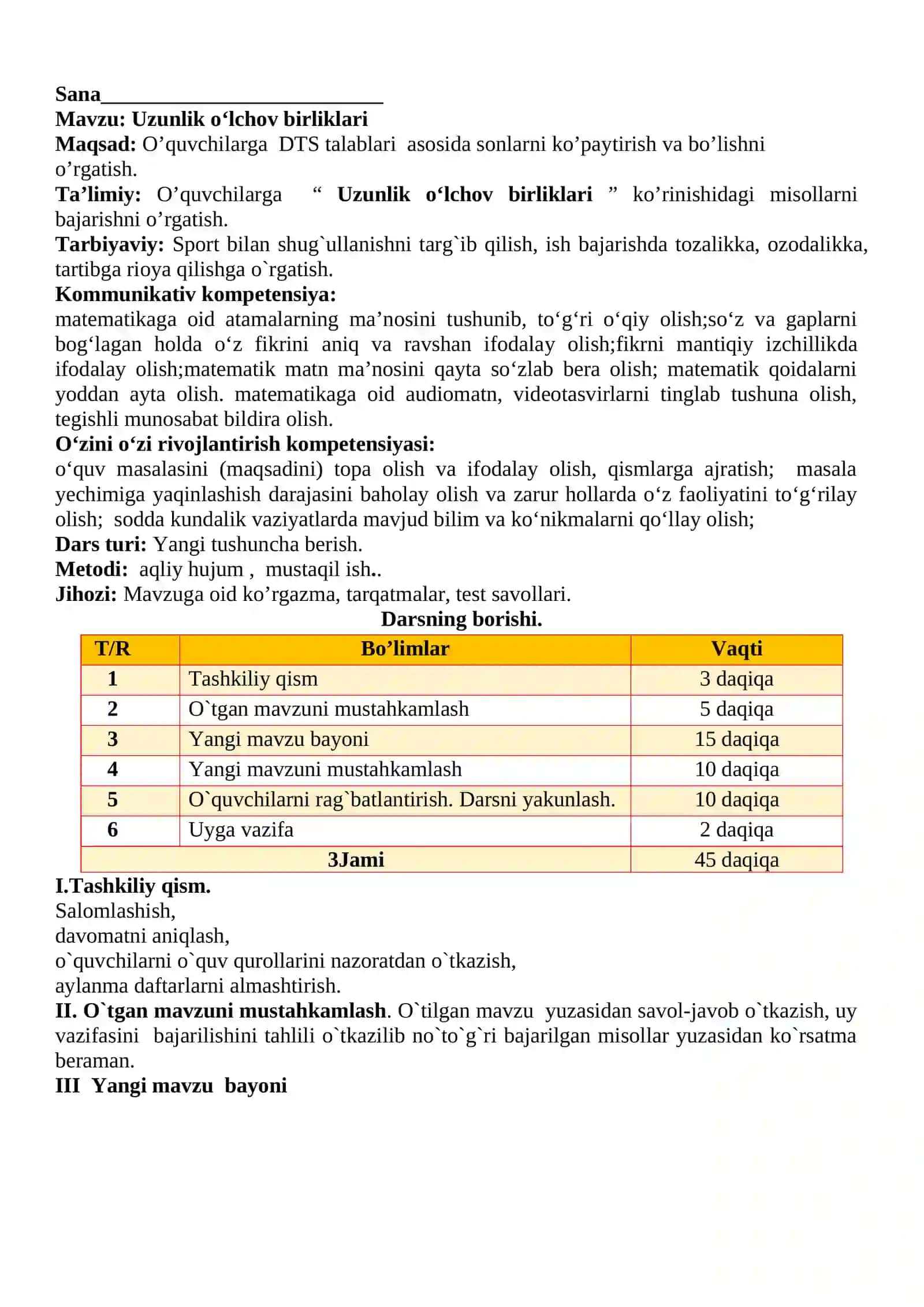 3-sinf Matematika fanidan Uzunlik o'lchov birliklari dars ishlanma 2