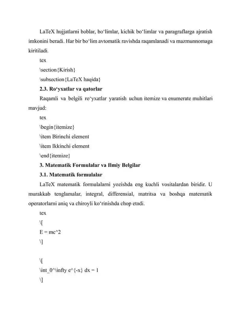 LaTeX Dasturiy Ta’minotining Standart Xususiyatlari 2