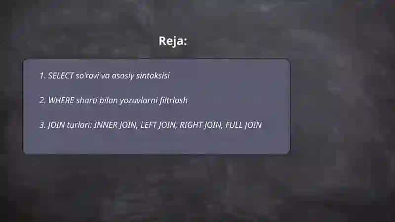 SQL-tartiblangan so'rovlar tilining asosiy buyruqlari 2
