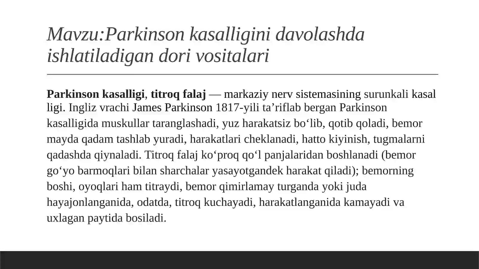 Parkinsonizm kasalligida ishlatiladigan dorilar 2