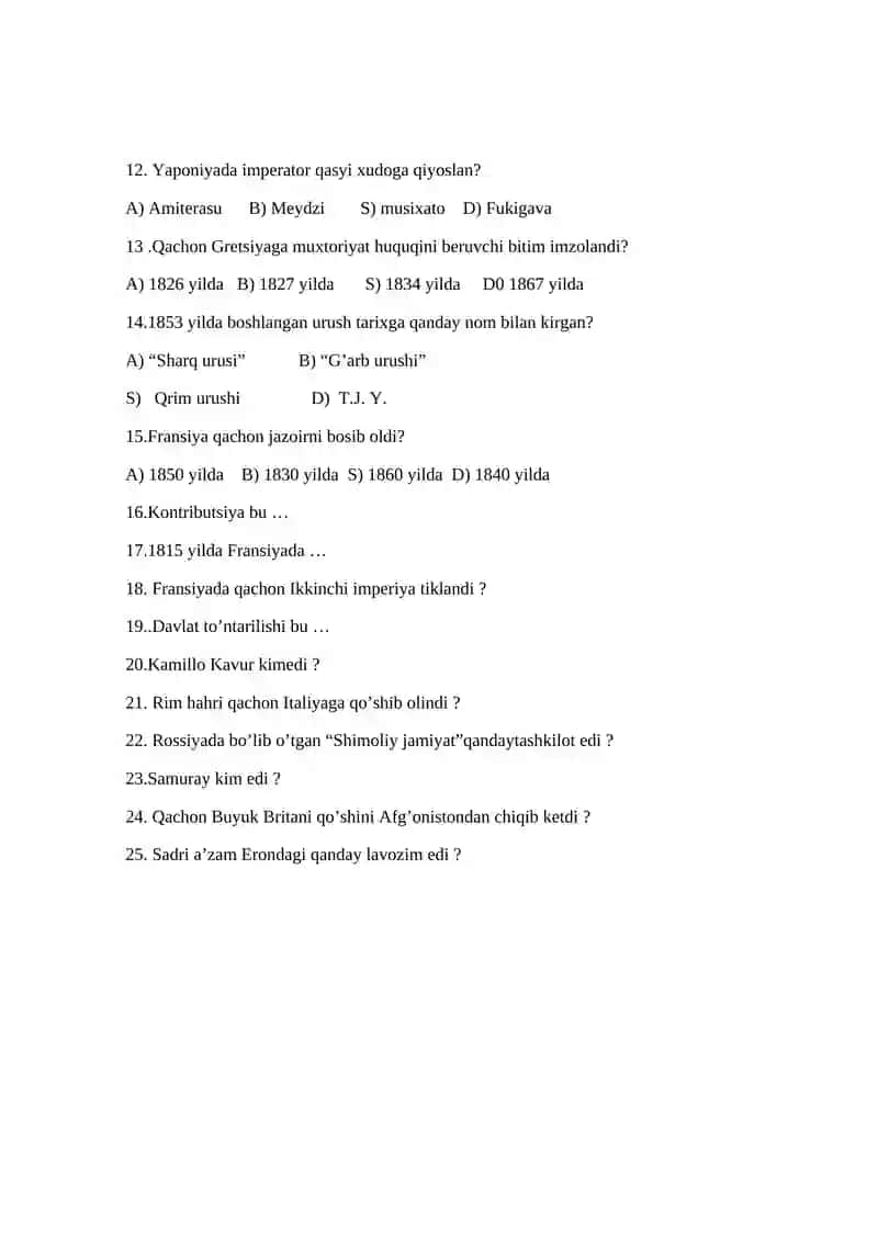 8-sinf uchun tarixdan testlar (IV) chorak 2