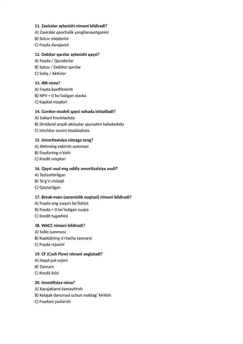 Moliyaviy menejment formulalari test savollari 2