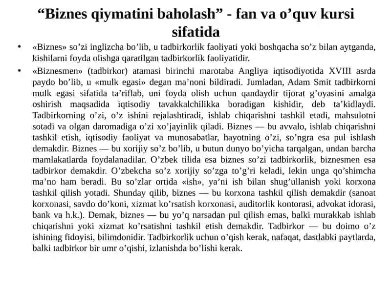 Biznes Qiymatini Baholash 2
