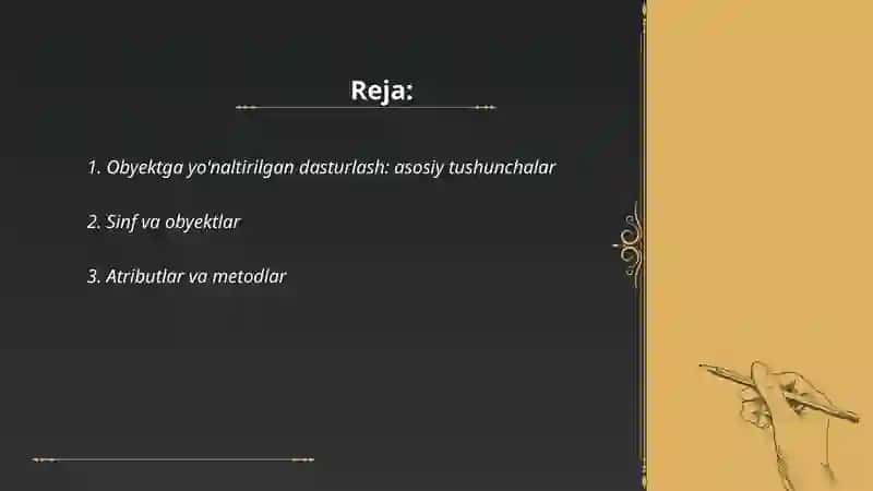OBYEKTGA YO'NALTIRILGAN DASTURLASH TUSHUNCHASI 2