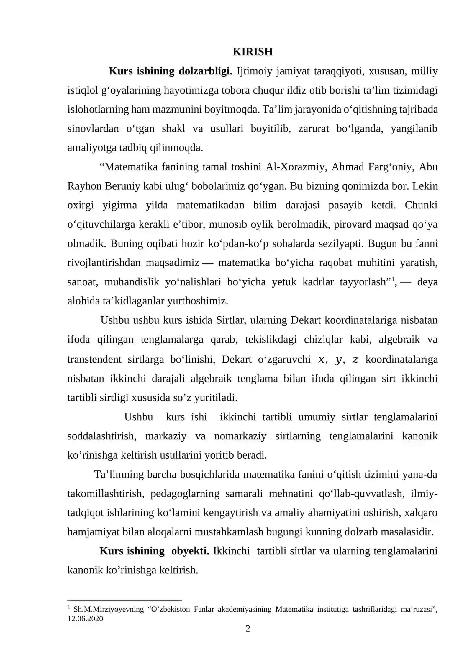 Ikkinchi tartibli sirt tenglamasini kanonik koʻrinishga keltirish 2