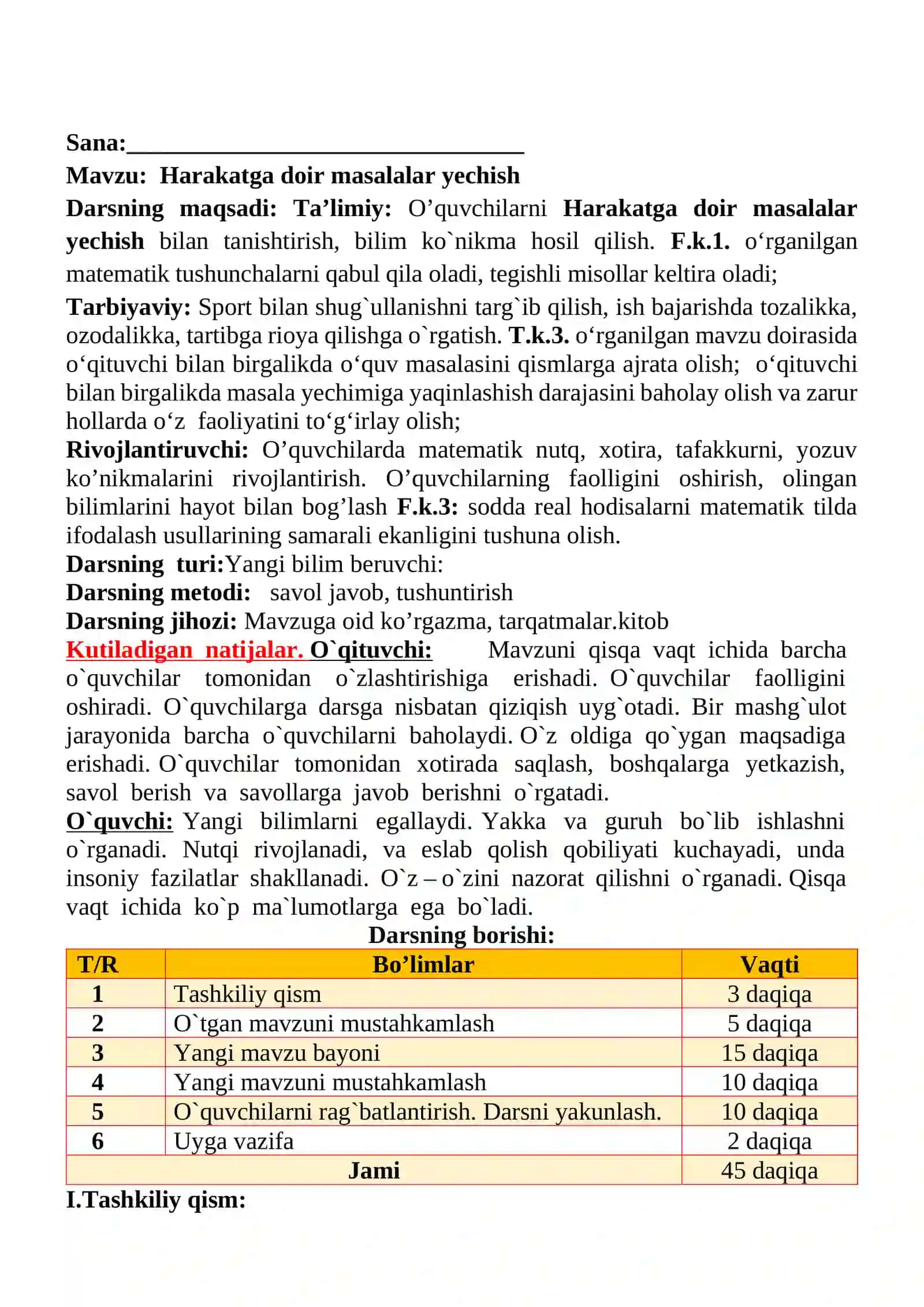 Harakatga doir masalalar yechish mavzusida 3-sinf Matematika fanidan dars ishlanmasi 2