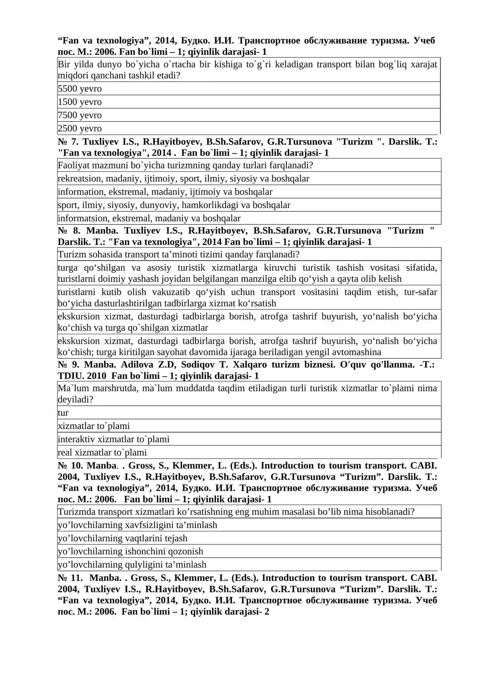 Turizmda TRANSPORT XIZMATLARI fanidan test topshiriqlari 2